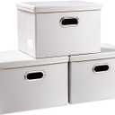 PRANDOM Collapsible Storage Bins with Lids [3-Pack] Leather Fabric Foldable Storage Boxes Organizer Containers Baskets Cube with Cover for Bedroom Closet Office Nursery White (14.9x10.8x10)