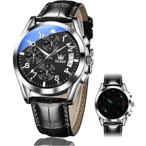 OLEVS Men's Chronograph Quartz Watches, Leather Strap Gold Case with Day Date, Waterproof Stainless Steel Wrist Watch, Luminous Hand Analog Watches for Men, Brown/Black/Blue/White Dial