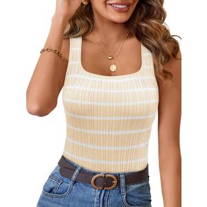 Neweek Womens 2025 Sleeveless Ribbed Tank Tops Striped Knit Square Neck Tops Summer Casual Fitted Basic Tee Shirts (L)