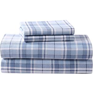 Laura Ashley - Flannel Sheets Queen Size, Anti-Pilling & Wrinkle Resistant Cotton, Touchably Soft for All-Season Comfort - Bed Sheets with Matching Pillowcases & Fitted Sheet (Mulholland Plaid Blue)