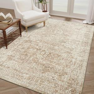 Madane Washable Area Rug 4x6, Low Pile Stain Resistant Vintage Area Rugs, Non Slip Accent Rug Floral Print Indoor Mat for Living Room Kitchen Bedroom, Beige/Brown