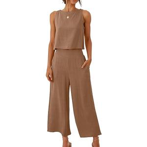 ANRABESS Women's Summer 2 Piece Outfits Sleeveless Crop Top Capri Wide Leg Pants Jumpsuit Linen Lounge Beach Travel Sets, Medium