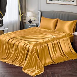 Vonty Satin Sheets Twin Silky Soft Satin Bed Sheets Yellow Gold Sheet Set, 1 Deep Pocket Fitted Sheet + 1 Flat Sheet + 1 Pillowcases Vonty Satin Sheets Twin Silky Soft Satin Bed Sheets Yellow Gold Sheet Set, 1 Deep Pocket Fitted Sheet + 1 Flat Sheet + 1 Pillowcases