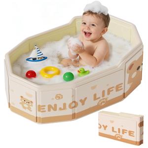 Collapsible Baby Toddler bathtubBathtub for Shower, Portable Foldable Toddler Bath Tub with Non-Slip Base, Compact Travel Essentials for Kids & Infants, Easy Storage in Small Spaces, Brown