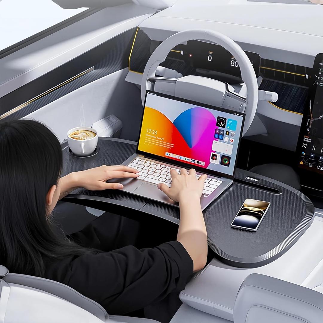 Car Laptop Desk for Tesla Model Y 3, Car Desk Steering Wheel Tray, Foldable Car Table Tray, Foldable Desk Food Tray for Eating and Traveling