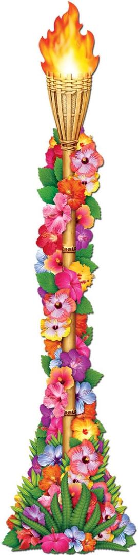 Beistle Jointed Floral Tiki Torch Photo Prop Backdrop, 4'- Beach Hawaiian Luau Wall Decoration, Summer Party Supplies Cut Out