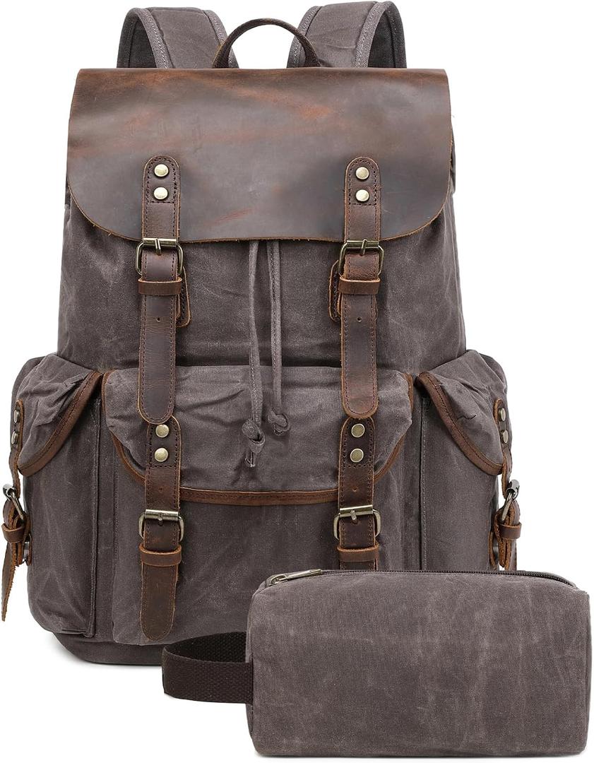 Genuine Leather Backpack for Men, Waxed Canvas Backpack Shoulder Rucksack with Toiletry Vintage Backpack for Travel,Camping, Hiking(Grey)