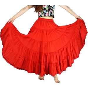 YSJERA Women's Cotton 5 Tiered A Line Pleated Maxi Skirt Long Boho Gypsy Dance Skirts (L, Red)