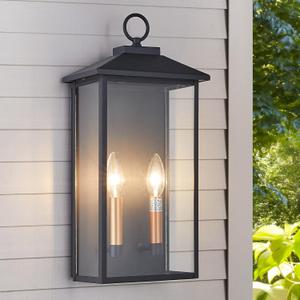 18 Inch Wall Light in Clear Glass and Textured Black and Golden Candle Cap Sleeve,Outdoor Lighting Wall Sconce,2-Light 120watts for House Doorway Garage,Bulb Not Included. (Black 2xE12 (18Inch H))