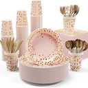 Pink and Gold Party Supplies - 350 PCS Disposable Dinnerware Set - Pink Paper Plates Napkins Cups, Gold Plastic Forks Knives Spoon for Graduation, Birthday, Thanksgiving, Cocktail Party