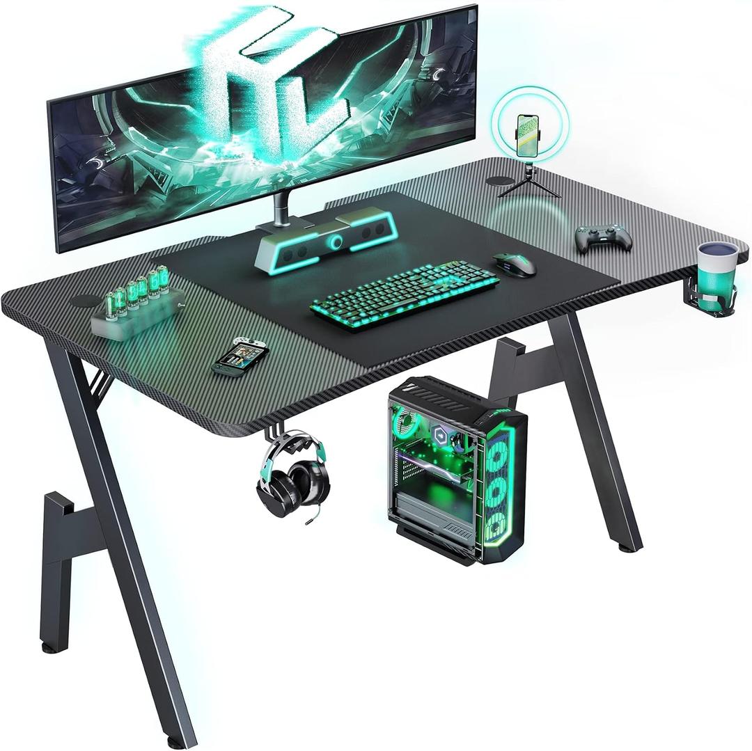 HLDIRECT 55 Inch A-Shaped Gaming Desk with Carbon Fiber Surface, Black