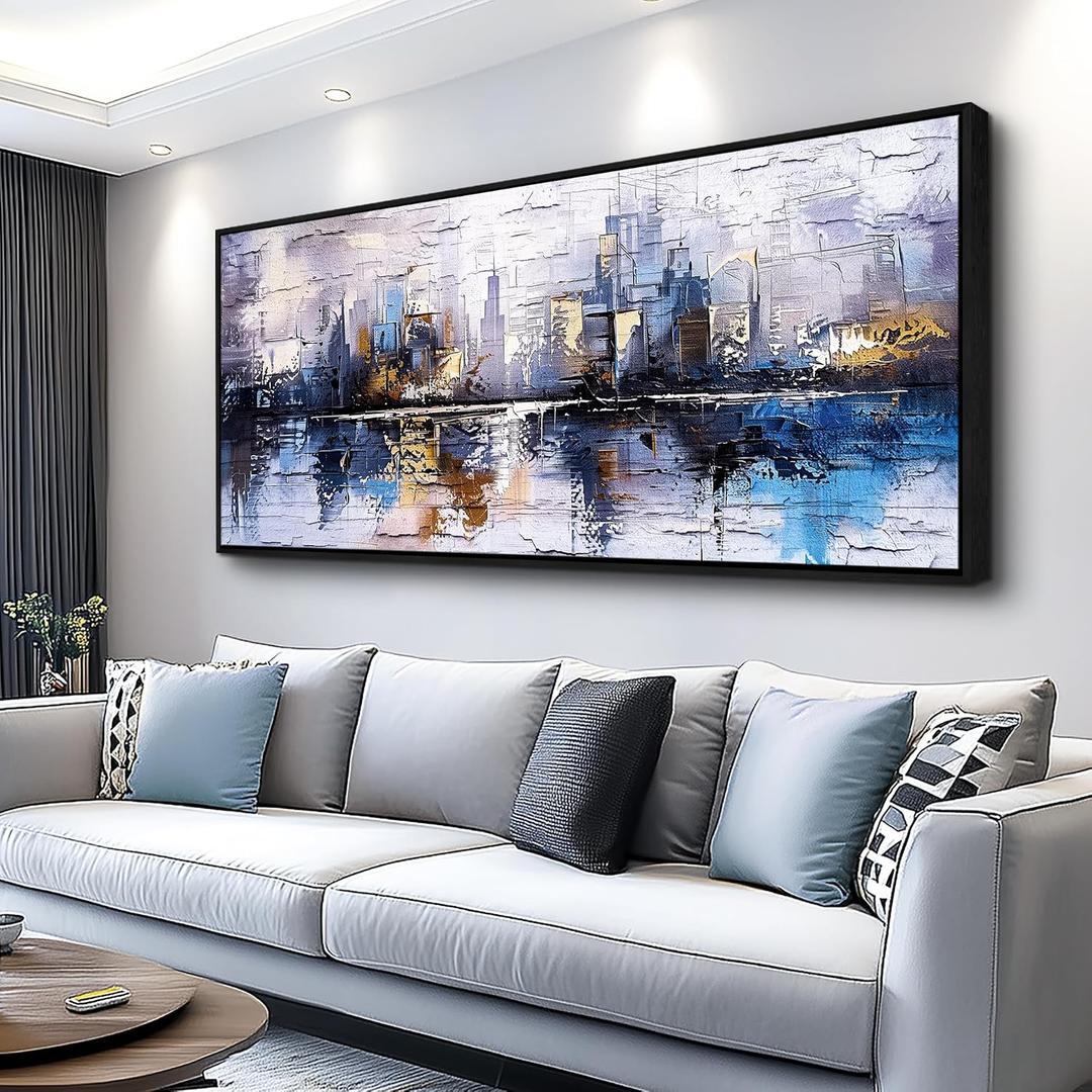 KELIYUAN Abstraction City Landscape Paintings Room Dining Room Canvas Wall Art For Living Room Bedroom Wall Decor Modern Home Decoration Office Pictures Hallway Mural Decoration 32"X72" Black Frame