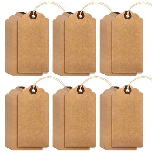 Outus 60 Pcs 4 3/4-in x 2 3/8-in Blank Large Paper Gift Tags with String and Reinforced Eyelet Wire Writable Price Tags Shipping Labels Inventory Labels(Brown, Black, Blue)