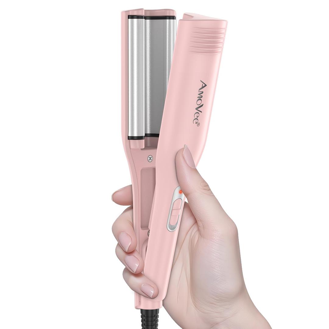 Hair Crimper, Professional 1/2 Inch Curling Iron, 3 Ceramic Barrels Hair Waver with Small Negative Ions, Dual Voltage for Home and Travel, Pink