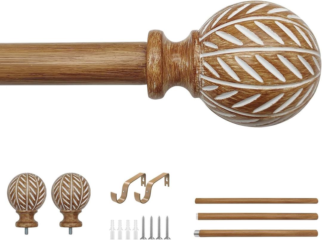 Wood Curtain Rod for Windows 32 to 45 Adjustable Heavy Duty Curtain Rod with Imitation Wood Grain Leaf Pattern Finials, Boho Single Curtain Rod for Living Room, Bedroom, Kitchen, Farmhouse