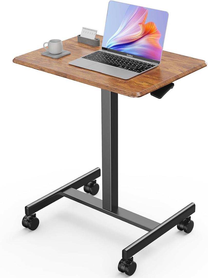 Sweetcrispy Mobile Small Standing Desk - Sit Stand Portable Rolling Laptop Desk with Lockable Wheels, Adjustable Height Computer Workstations, Brown (19"D x 25.7"W x 42.5"H)