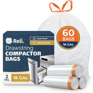 Reli. 18 Gallon Trash Compactor Bags (60 Pack) | 2 Mil Heavy Duty | Compatible with Kitchenaid, Whirpool, GE 15 Inch Compactors | No Slip Drawstring Kitchen Trash Bags | Leak-Proof & Tear Resistant
