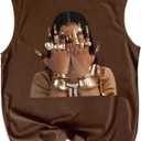 Retro Graphic Tank Top for Men Crew Neck Summer Sleeveless Tops Hippop Streetwear (Large, Chocolate Brown)