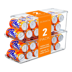 SCAVATA 2 Pack Skinny Can Organizer for Refrigerator, Stackable Tall Skinny Soda Pop Can Holder Dispenser with Lid for Fridge Pantry Rack Freezer, Clear Plastic Storage BinsHolds 12 Slim Cans Each