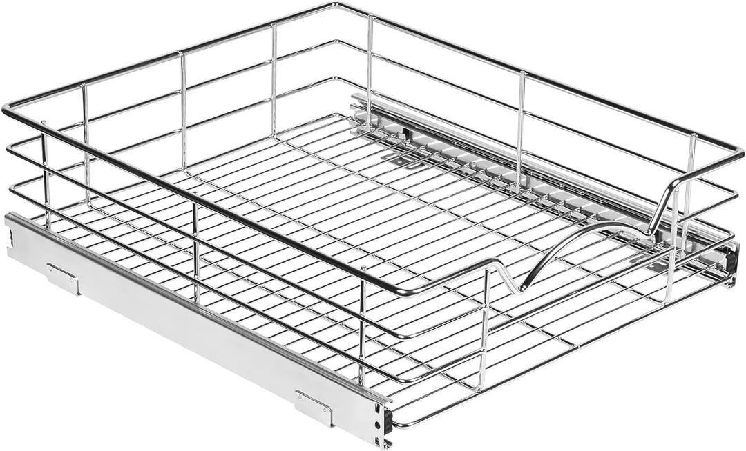 HOLDN STORAGE Pull Out Cabinet Organizer, Individual Sliding Drawers - Heavy Duty Metal - Anti Rust Chrome Finish (Single Tier, 17" W)