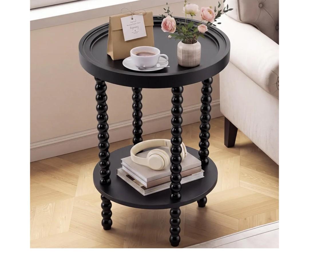 Junkin 2 Tier Round Coastal Side Table, Black Spindle Side Table24x15.7x15.7In Pedestal Side Table, Vintage Tray Top Design, 2-Tier Storage for Small Space Furniture, Living Room