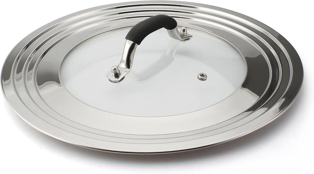 Stainless Steel Universal Lid for Pans Pots Fits 8.25 9 10 11 12 Inch Cast Iron Skillets Frying Pans Woks - Design with Heat Resistant Handle and Vent Hole - Black Handle
