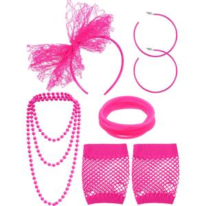 Blulu 80s Costume Accessories for Women Lace Headband Earrings Fishnet Gloves Necklace Bracelet for 80s Retro Party (Rose Red)