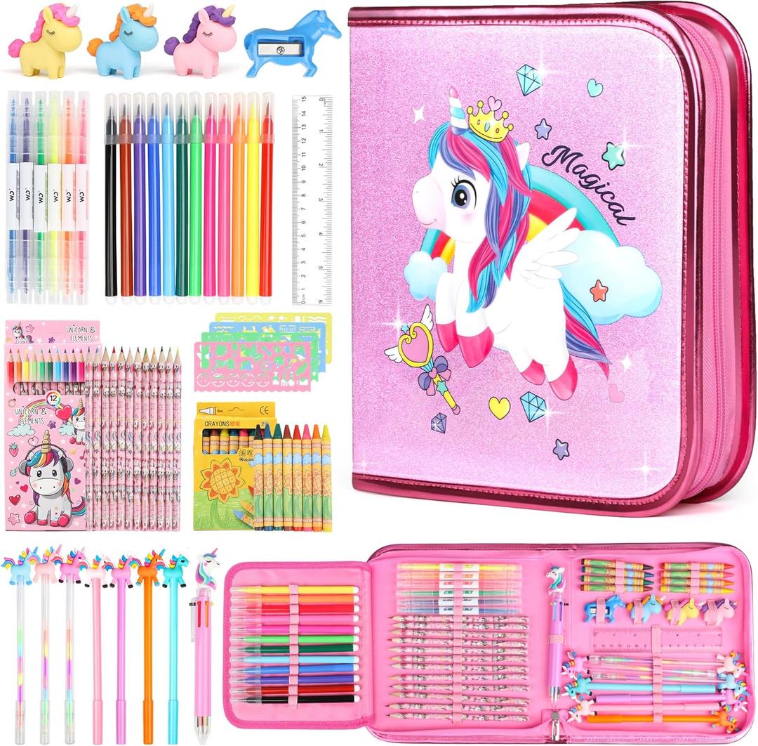 beefunni Unicorn Fruit Scented Markers Set 56 Pcs, Art Supplies for Kids 4-6-8, Arts and Crafts Coloring Set, Markers Pencil Crayon&Gel Pen Drawing Kits - Birthday Gifts for Girls 4 5 6 7 8 Year Old (Light Pink)