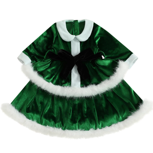Kid Little Girls Christmas Outfit Santa Claus Velvet Lapel Long Sleeve Dress Princess Party Layered Dresses with Belt (Green, 3-4 Years)