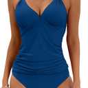 B2prity Halter Tankini Swimsuit for Women Tummy Control Two Piece Bathing Suit V Neck Swimwear with Shorts (Medium, Deep Blue)