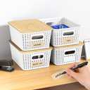 Plastic Storage Baskets with Bamboo Lids and Labels, Stackable Storage Containers, Storage Bins for Organizing Shelves Drawers Desktop Closets Office, 6 Packs-White