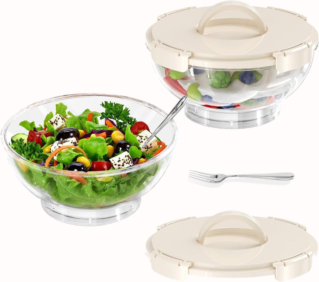 MANO 2pack Large Iced Salad Bowl with Lid and Utensils to Go Ice Chilled Food Serving Containers with Handles for Fruit Veggie Storage for Fridge Refrigerator Party Camping, Picnic, Beige