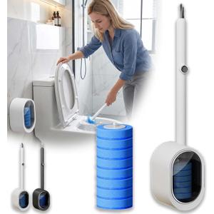 Disposable Toilet Bowl Cleaner Wand, Toilet Scrubber Kit with Self-Cleaning Disposable Pads – No Pre-Rinse (White+8Pcs Brush Heads)
