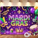 Mardi Gras Backdrop 94.5x71 Inch Large Carnival Masquerade Party Banner with Vibrant Purple Green Gold Design, Photography Background with 4 Brass Grommets for Mardi Gras Decorations