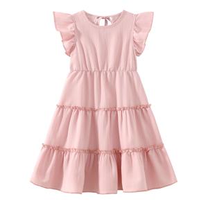 Fdqin Girls Summer Dresses Flowy Ruffle Sleeve A-Line Dress for Kids Pink (Pink, M)