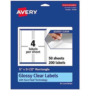 Avery Glossy Clear Rectangle Labels, Sure Feed Technology, 5" x 3.5", 200 Glossy Clear Labels, Laser/Inkjet Printable