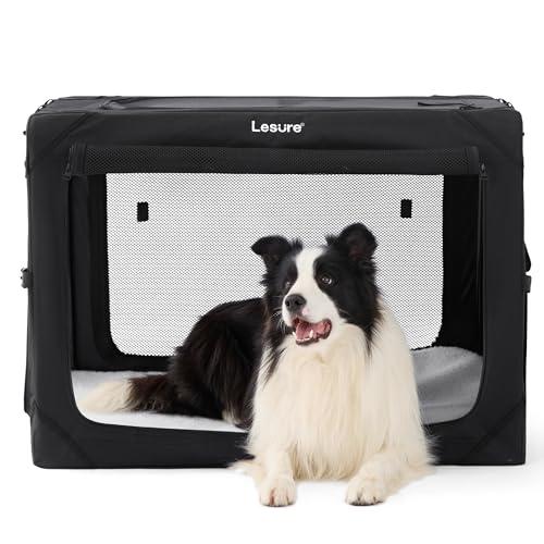 Lesure Collapsible Dog Crate - Portable Travel Kennel for Large Dog, 4-Door Pet Crate with Mesh Windows, Indoor & Outdoor, Black
