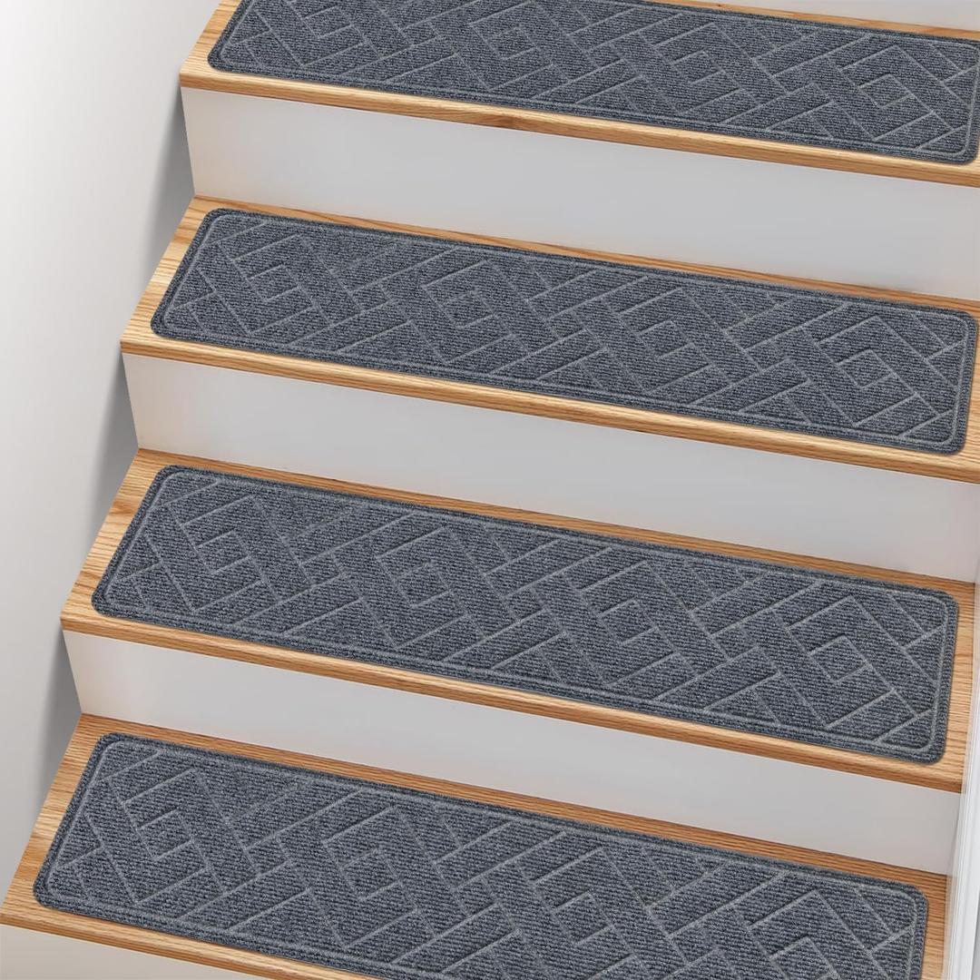 Non Slip Stair Treads for Wooden Steps, 8" X 30" Stairs Carpet Treads Indoor with Reusable Peel and Stick Adhesive for Kids Elders and Pets -4 Pack (Dark Grey)