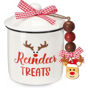Nefelibata Christmas Reindeer Treats Ceramic Canister Tiered Tray Decor Xmas Mini Candy Jar Bowl Candy Holder with Buffalo Plaid Bowknot Wooden Beads Home Table Centerpiece Decoration Supplies