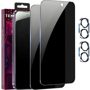 2+2 Pack for iPhone 16 Privacy Screen Protector with Camera Lens Protector，9H Tempered Glass，True25°Anti Spy， Full Coverage Case Friendly