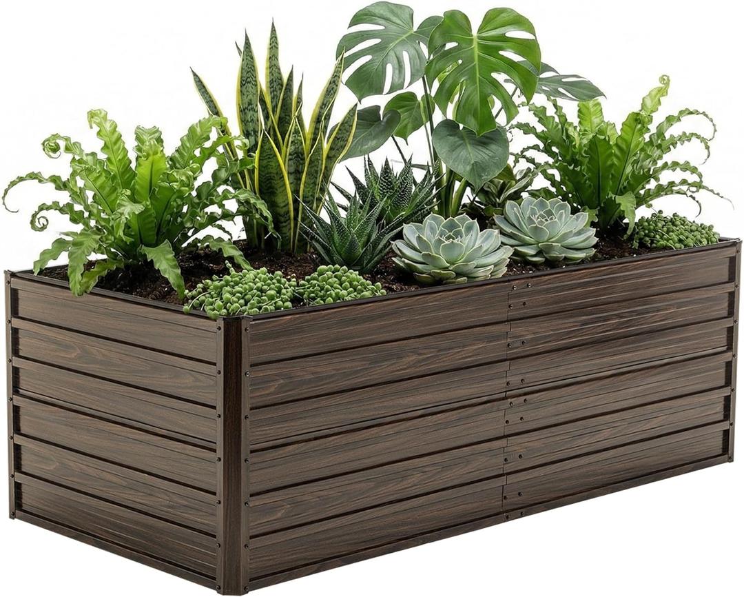 Galvanized Raised Garden Beds 6x3x2FT Outdoor Planter Boxes with Safety Edging and Gloves Metal Garden Bed Kit for Vegetables Flower and Fruits (Brown Wood Grain (6x3FT)