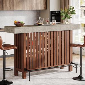 Tribesigns 63-Inch Large Bar Table, 2-Tier Home Bar Unit Mini Height Pub Table with Footrest, Modern Kitchen Island Coffee Bar Cabinet for Dining Room, Bistro, Living Room | 2-Tier, Height Pub Table, with Footrest, Modern, for Home Kitchen (Red Brown & Gray Cement Texture)