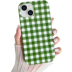 Skyseaco for iPhone 15 Case Cute Aesthetic Gingham Phone Case Soft Slim TPU Shockproof Phone Cover for Women Girls - Green