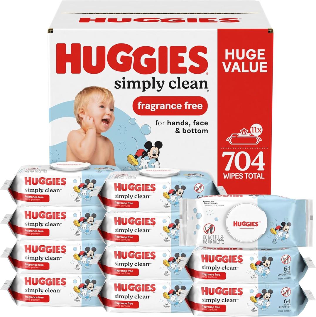 Huggies Simply Clean Unscented Baby Diaper Wipes, 11 Flip-Top Packs (704 Wipes Total), 