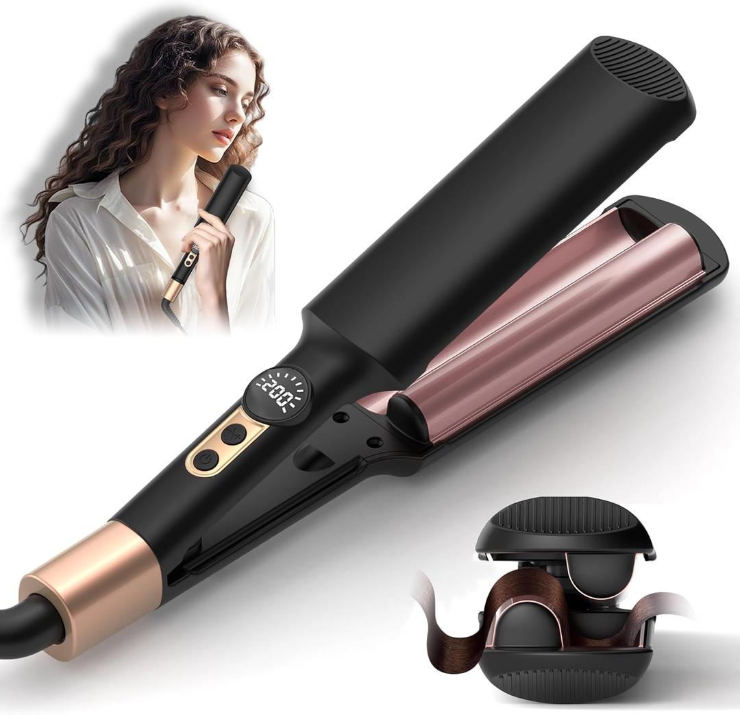 Mini Waver Crimper Hair Tool for Women Short Hair Travel 0.4 inch Double Barrel Small S Waver Curling Iron Dual Voltage (110-240V) with 5 Temps, Anti-scalding, 30M Auto-Off for Dating, Daily (Black)