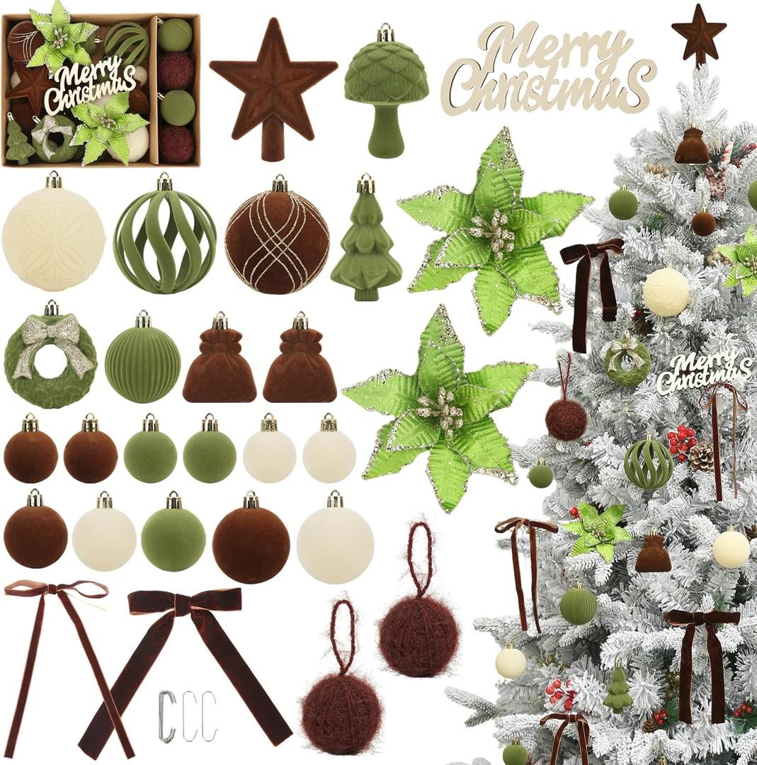 38Pcs Velvet Christmas Ornaments Set, Brown Green Beige Flocked Christmas Ornaments for Xmas Tree Decorations Shatterproof Plastic Hanging Balls for Indoor Home Party Holiday Decor Gifts