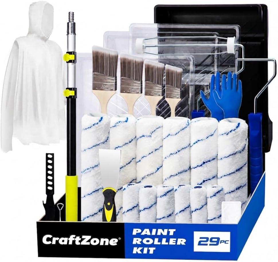 29-Piece Paint Roller Kit with 2-4 ft Extension Pole, 9-Inch and 4-Inch Rollers, Paint Brushes, Tray and Drop Cloth, Wall Painting Supplies for Home Interior, 16inch