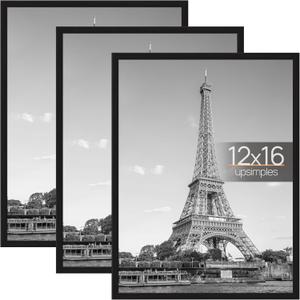 Upsimples 12x16 Picture Frame Black 3 Pack, Scratch-Proof Poster Frames 12 x 16 for Photo Gallery - Slide-In Strips, Horizontal or Vertical Wall Mounting
