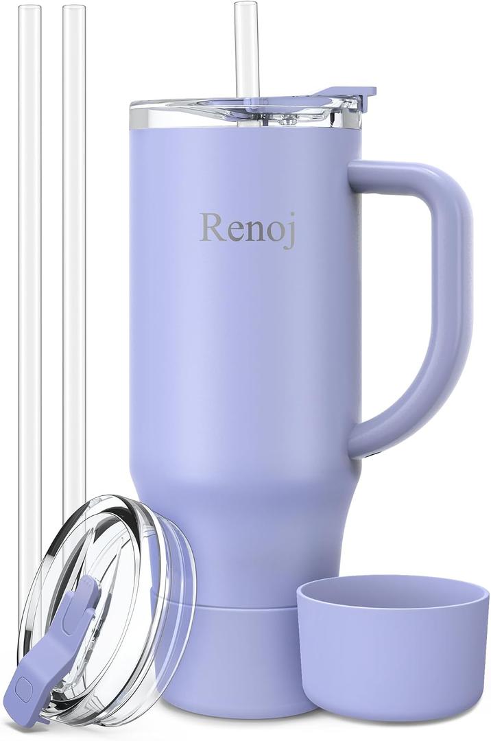 Renoj Insulated Mug 100% Leak Proof Insulated Water Bottle for Iced Coffee & Hot Drinks - Fits Car Cup Holder, Ideal Gift, 2 Straws & Silicone Boot - SnapShift Blue 32 oz 