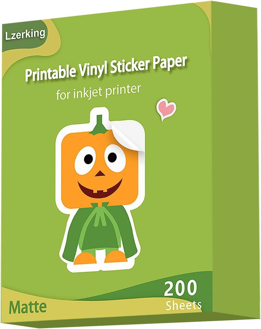 Lzerking Premium Printable Vinyl for Inkjet Printer Sticker Papers 200 Matte 8.5x11 Waterproof White Lables Decal Paper for Cricut